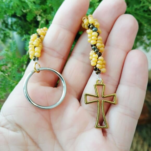Beaded Cross Keychain, Seed Bead, Yellow Gold Bronze, 6.5" - Picture 3 of 4